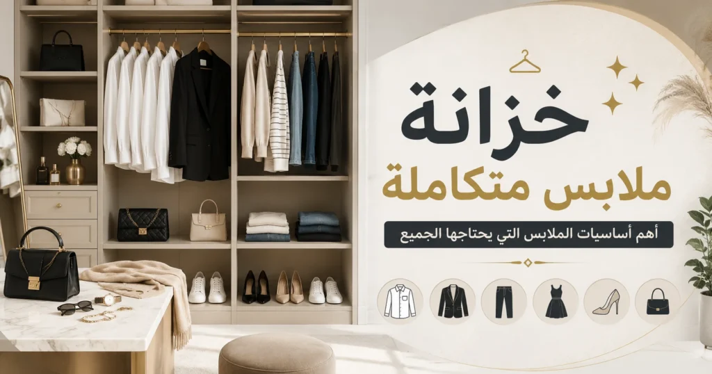 خزانة ملابس متكاملة تضم أساسيات الأزياء مثل القمصان البيضاء والبليزر والجينز والأحذية والحقائب في تصميم عصري أنيق